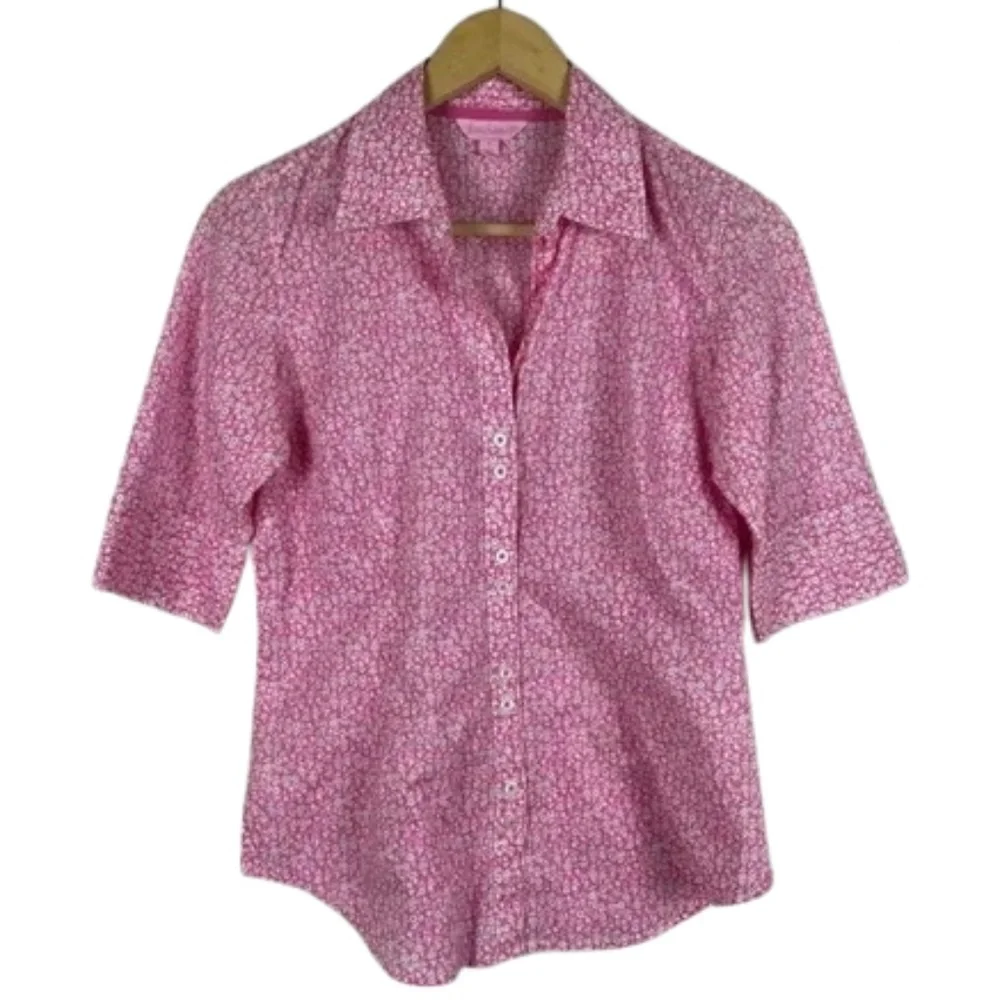 Lilly Pulitzer Pink Floral Button Front Blouse Size 6 Small Cotton Shirt
